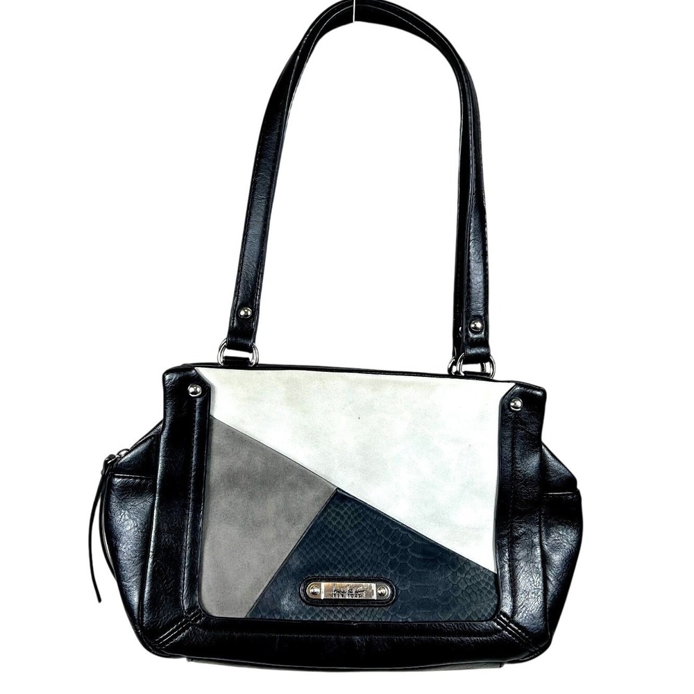 Nicole Miller NY Colorblock Patchwork Shoulder Bag‎ Black Gray Faux Leather